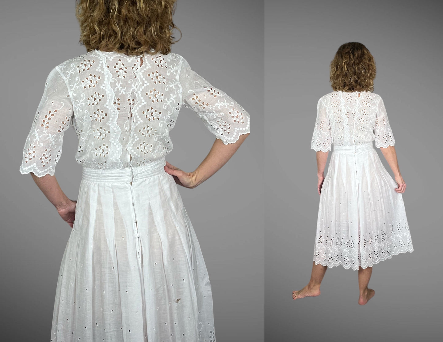 Antique 1910s White Cotton Eyelet Dress, XS