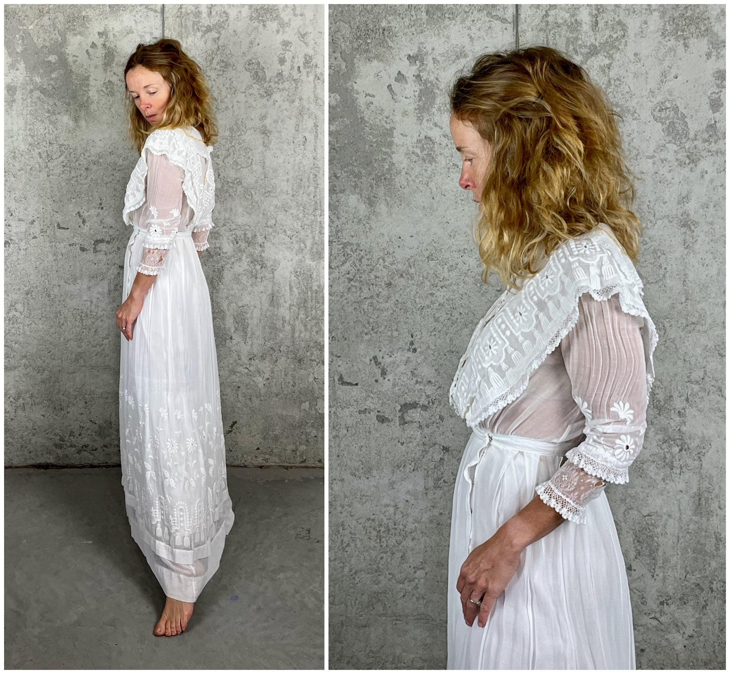 Edwardian 1900s White Cotton Gauze Lingerie Dress with Floral Net & Mother-of-Pearl Buttons, XS