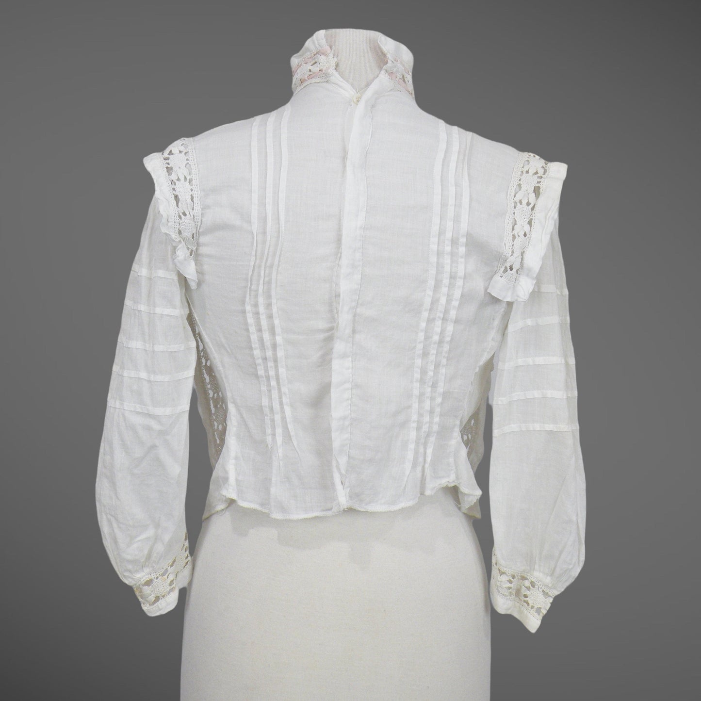 Antique 1900s Edwardian White Cotton Lace Blouse with Embroidered Eyelet Cutouts & Ribbon, S/M