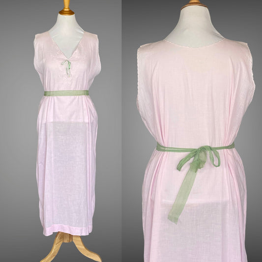 Antique Edwardian 1900s–1910s Pink Cotton Embroidered Nightgown, Large–XL 47" Bust