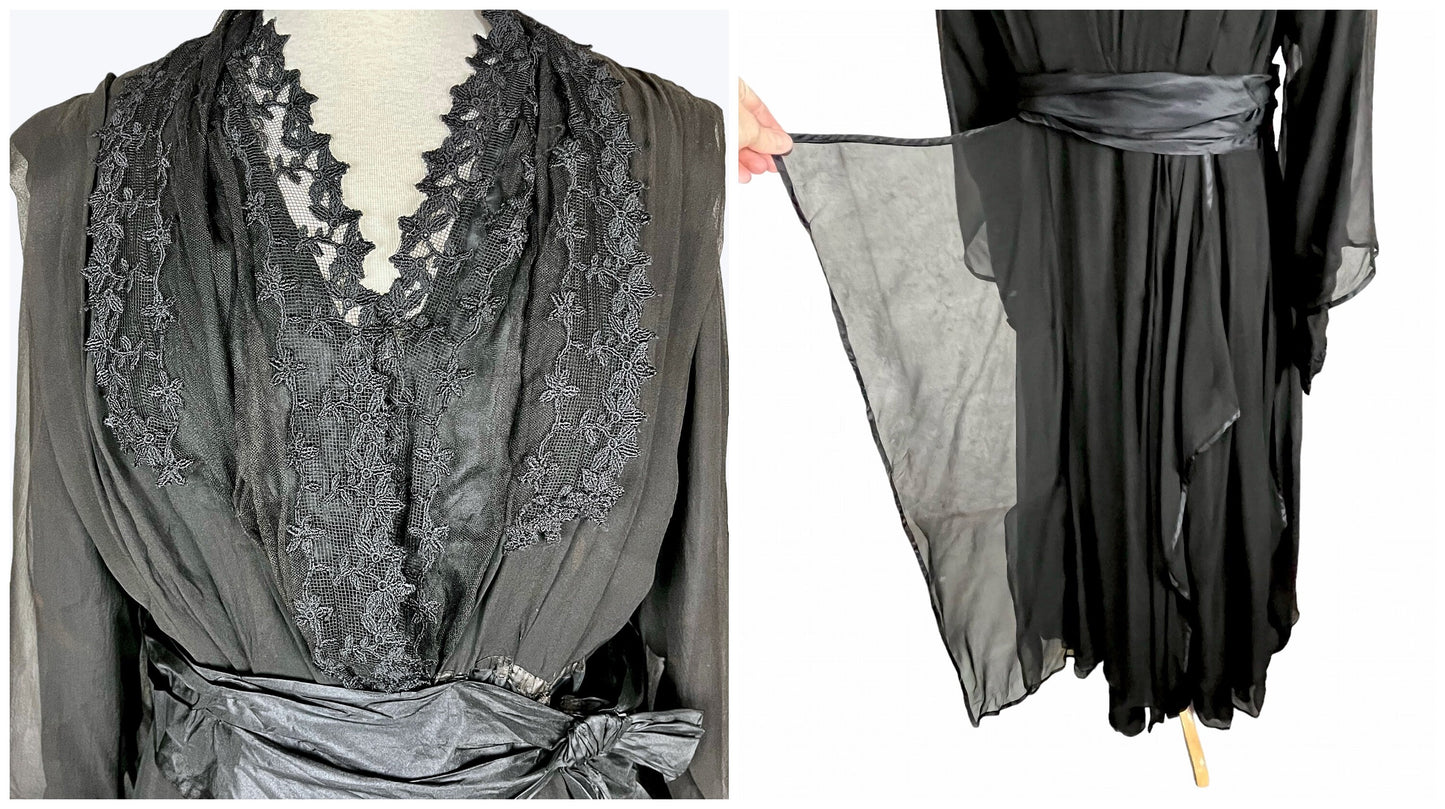 Antique Edwardian 1910s Black Silk Chiffon Embroidered Net Dress with Tiered Sleeves, Medium