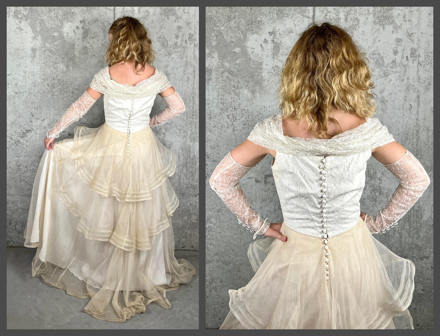 Vintage Late 1930s–1940s Wedding Dress, Satin & Net Lace Bridal Gown with Off-Shoulder Collar, Small