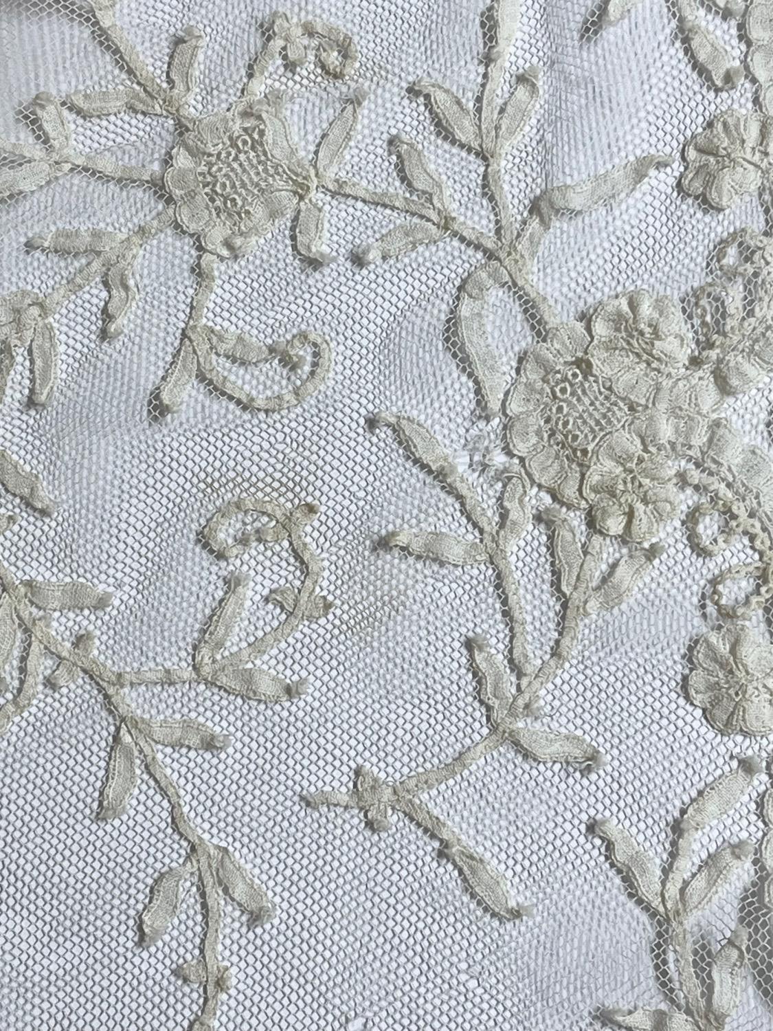 Antique 1900s Edwardian Embroidered Net Lace Top, Sheer Sleeveless Floral Bridal Layer