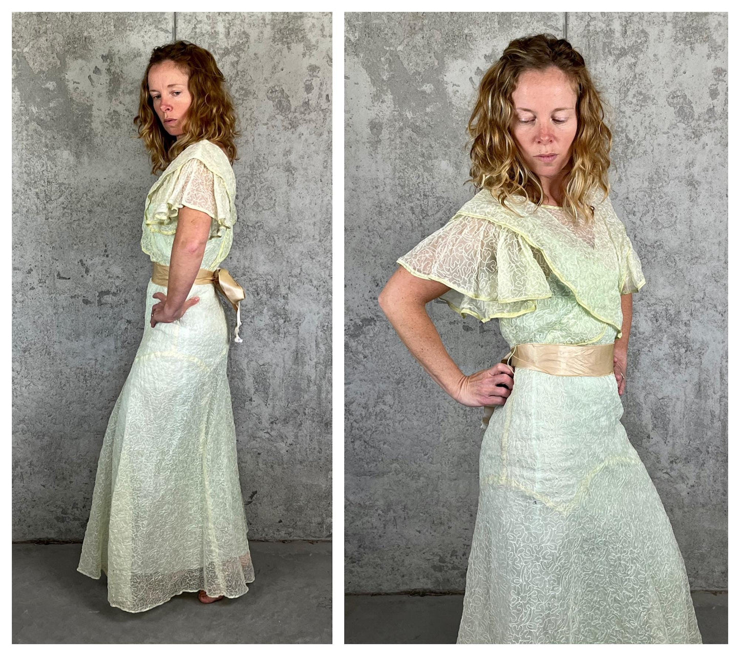 Vintage 1930s Sheer Green Organdy Gown, Embroidered Flutter Sleeve Art Deco Bias-Cut Dress, S / S-M