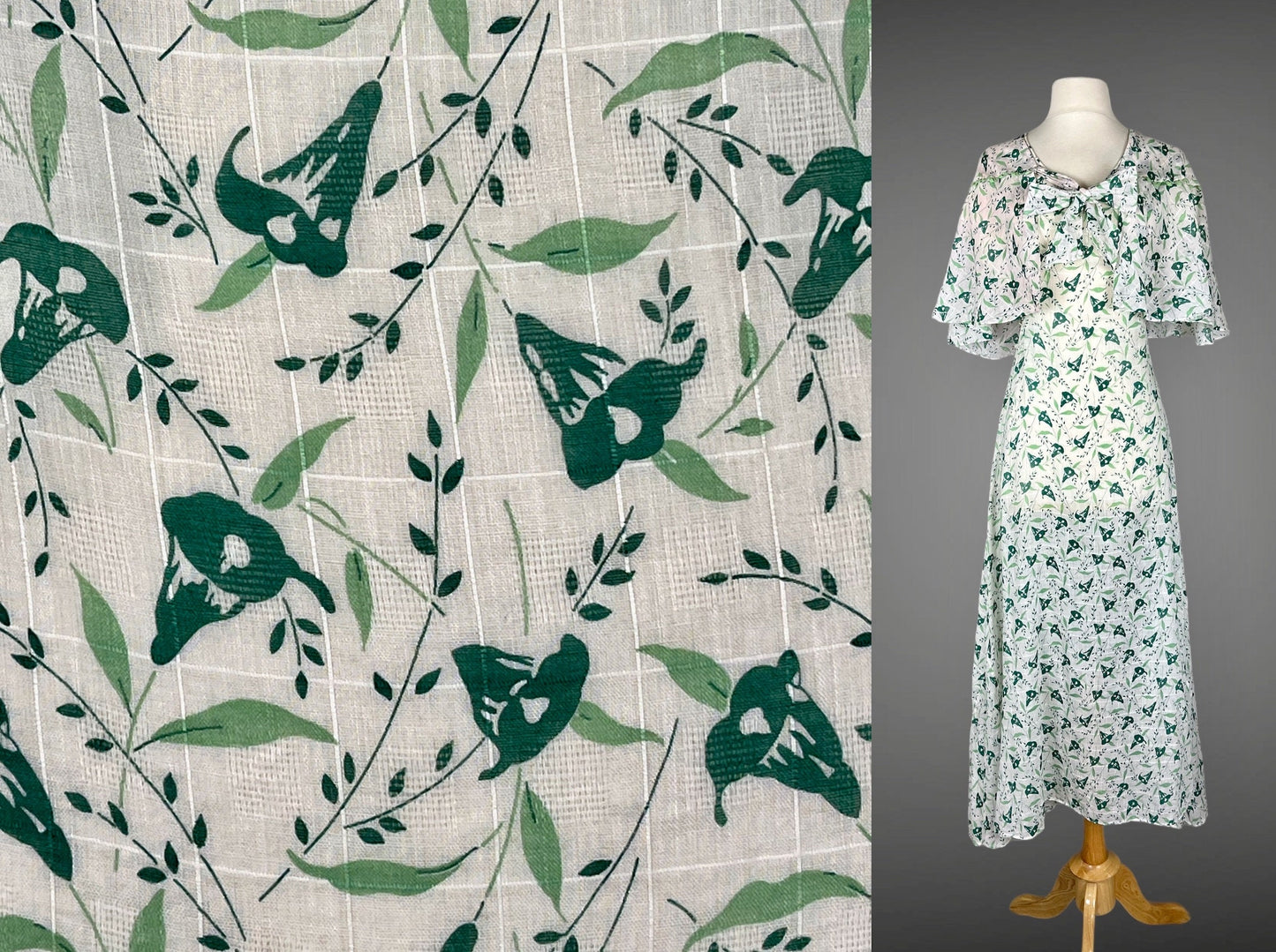Vintage 1930s Green Floral Bias Cut Flutter Sleeve Dress and Cape, XS
