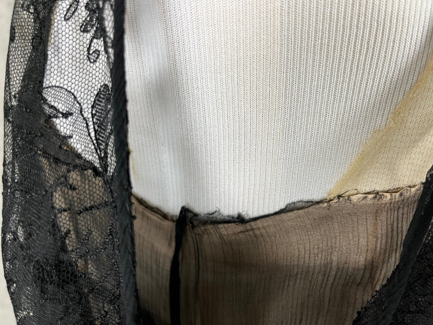 Vintage 1930s Black Silk Chiffon Chantilly Lace Evening Dress, Large