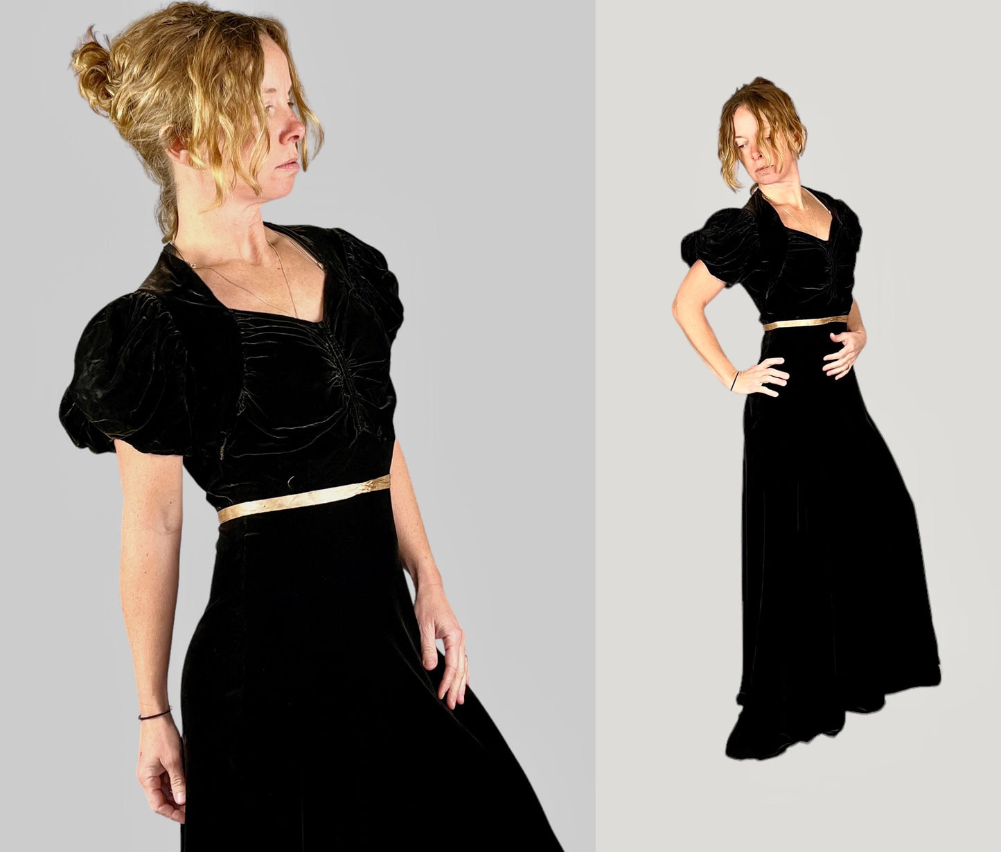 Vintage 1930s Dark Bronze Puffed Sleeve Silk Velvet Evening Dress, Small