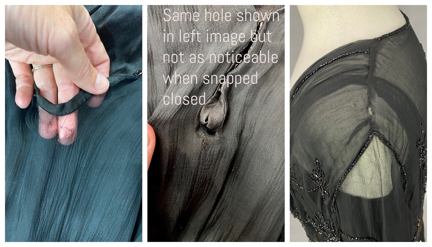 Antique Late 1910s–1920s Beaded Flapper Dress with Angel Wing Sleeves, B. Altman Black & Gold Lamé Jazz Age Gown, S–S/M