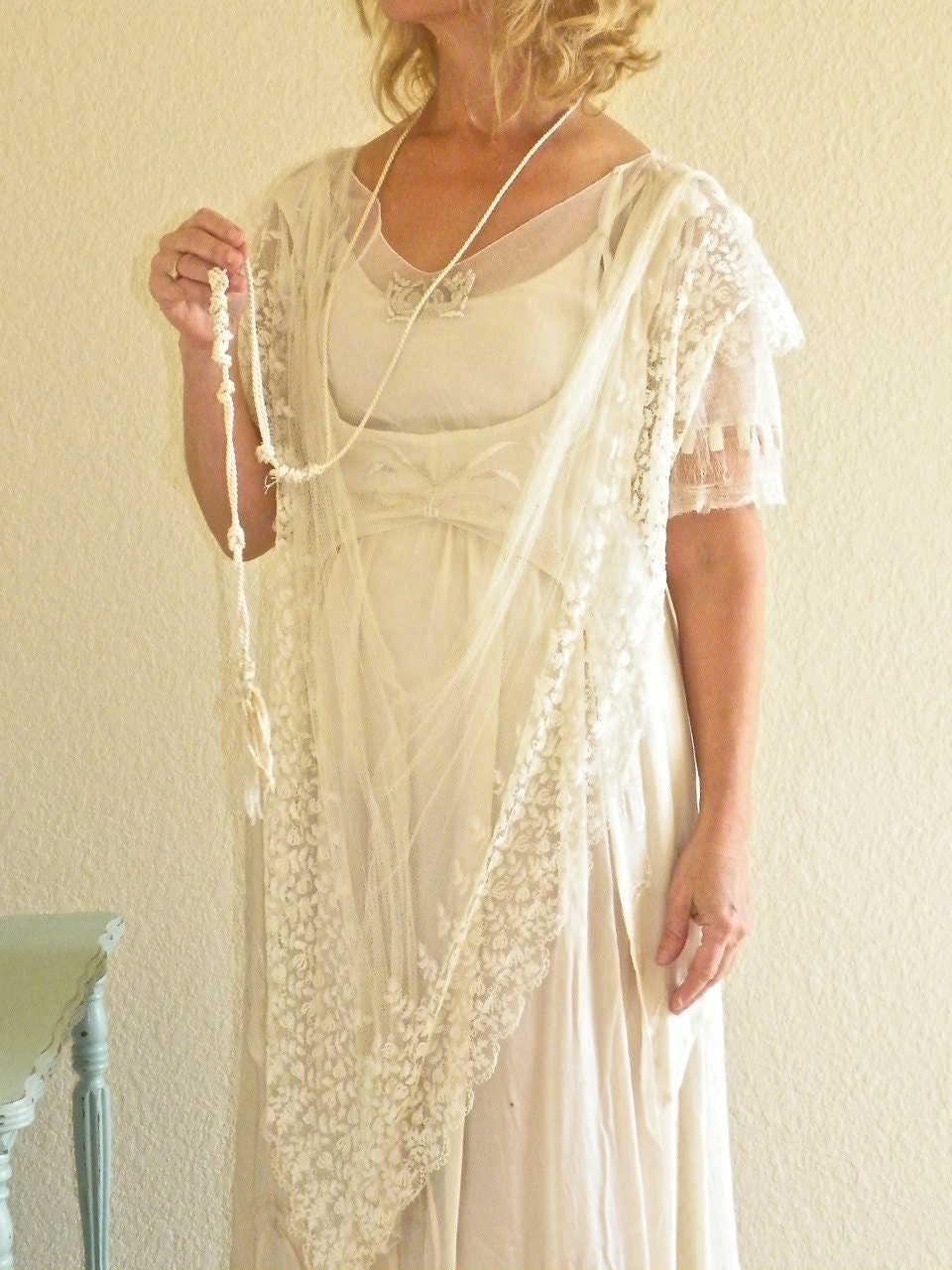 Antique Edwardian Wedding Dress, 1910s–1920s Beaded Silk & Lace Gown, Small