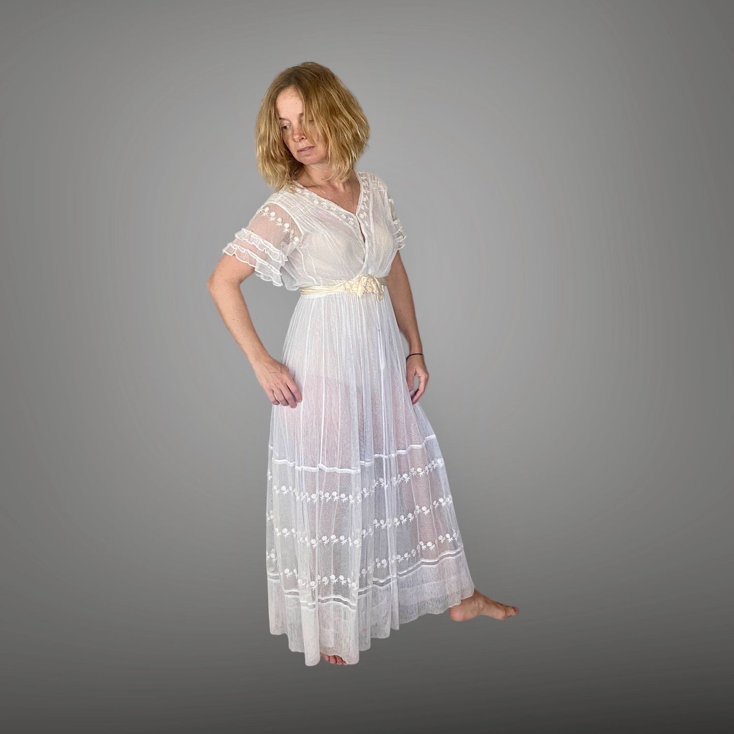 Antique 1910s White Embroidered Net Lace Edwardian Dress with Ruffle Sleeves, XS