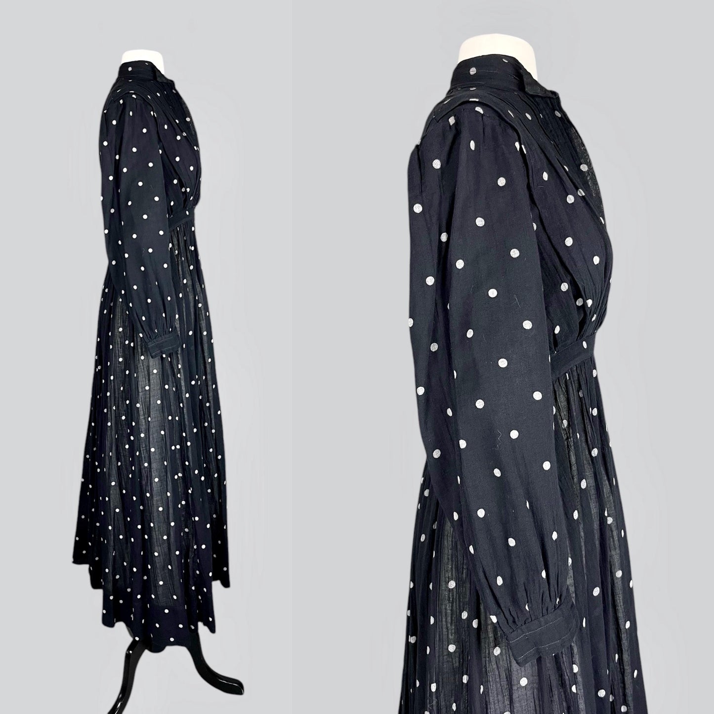 Antique Edwardian 1900s–1910s Black & White Polka Dot Cotton Gauze Dress, XS
