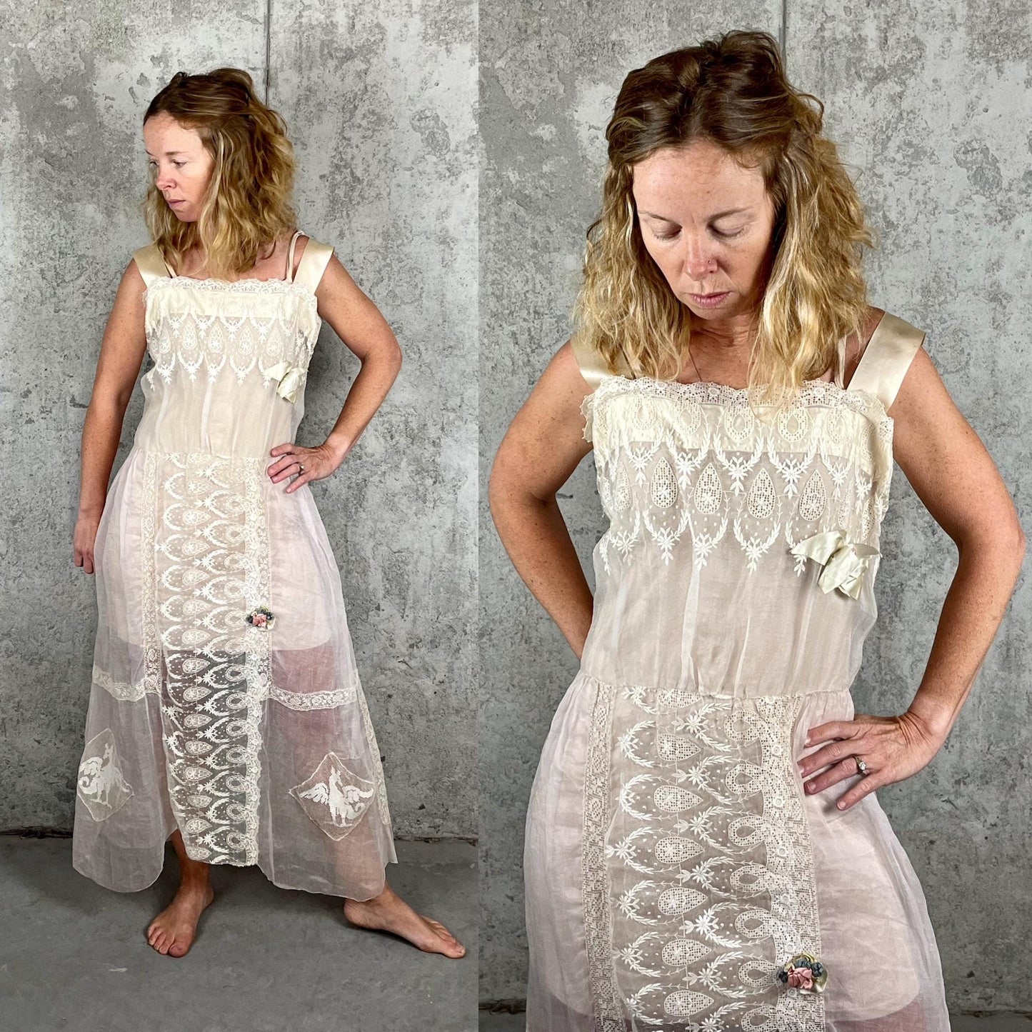 Antique 1910s Pale Blush Organdy Lace Edwardian Bridal Dress with Silk Ribbon Roses, Small