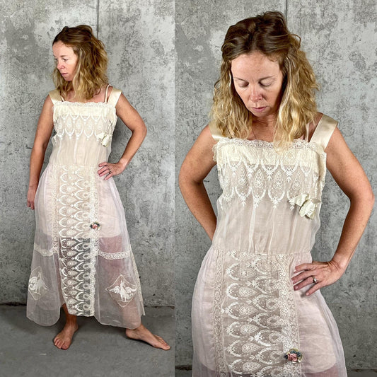 Antique 1910s Pale Blush Organdy Lace Edwardian Bridal Dress with Silk Ribbon Roses, Small