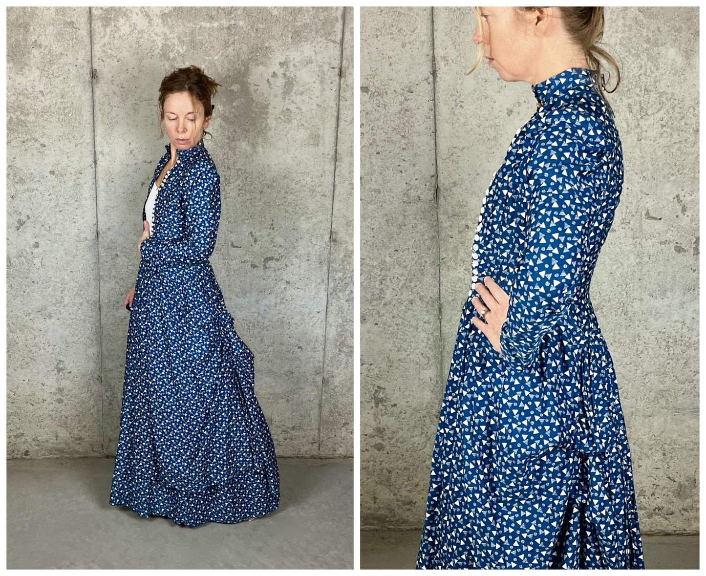 Rare Antique Victorian Polonaise Dress, 1870s–1880s Indigo Printed Cotton Two-Piece Ensemble, XXS