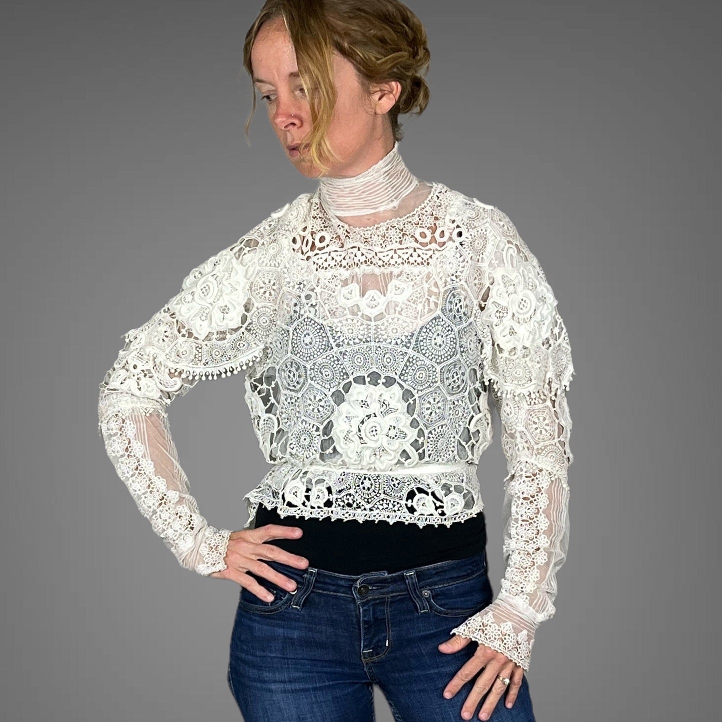 1900s Victorian Edwardian Mixed Lace Antique Blouse, XS 23 Waist