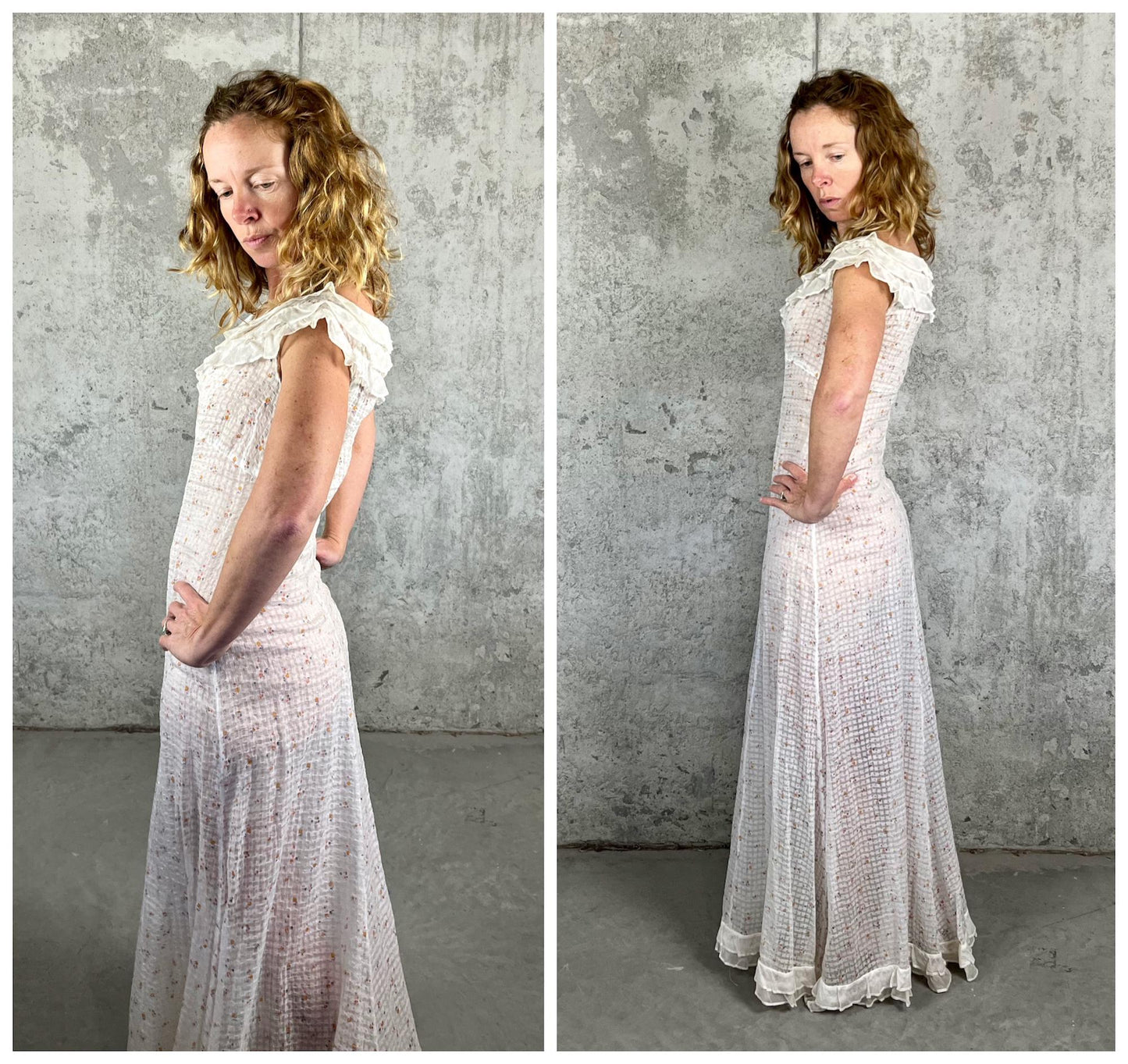 Vintage 1930s Sheer White Cotton Floral Print Bias Cut Dress with Ruffled Collar, XS