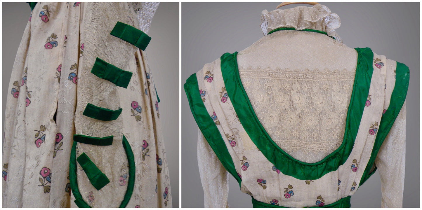 Antique 1900s Edwardian Floral Print Dress with Green Silk Trim & Matching Reticule Purse, XS