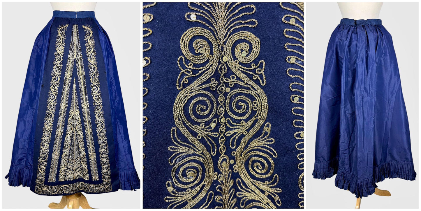 Antique Victorian Sapphire Blue Velvet Skirt & Cutaway Bodice Jacket with Gold Bullion Soutache Embroidery, Historical Costume, Medium
