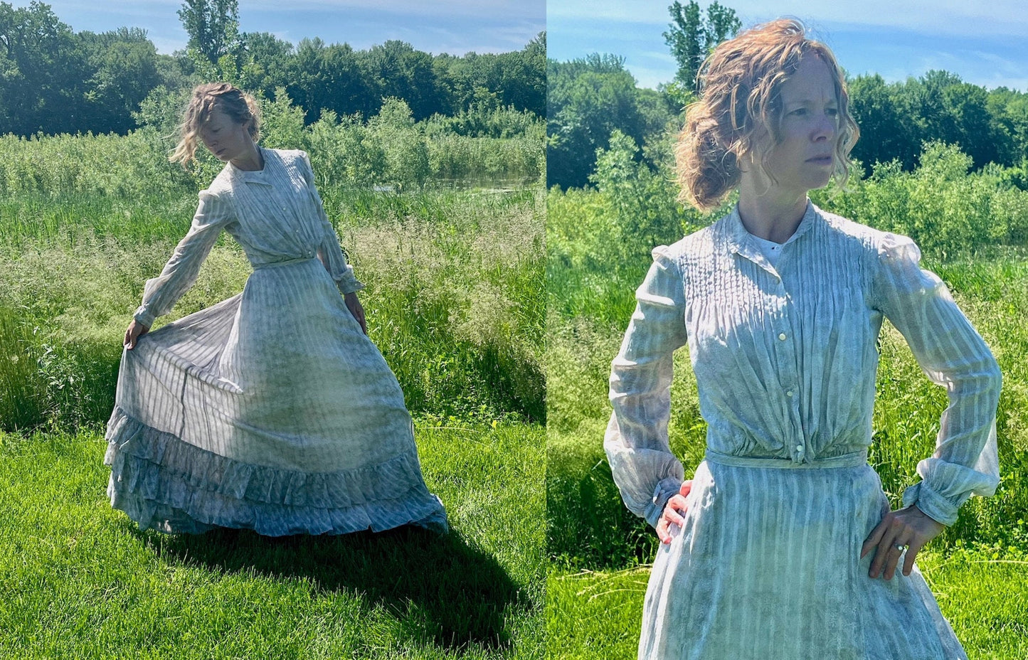 Antique Edwardian 1900s Printed Cotton Gibson Girl Dress, Tiered Skirt & Blouse Set, Small