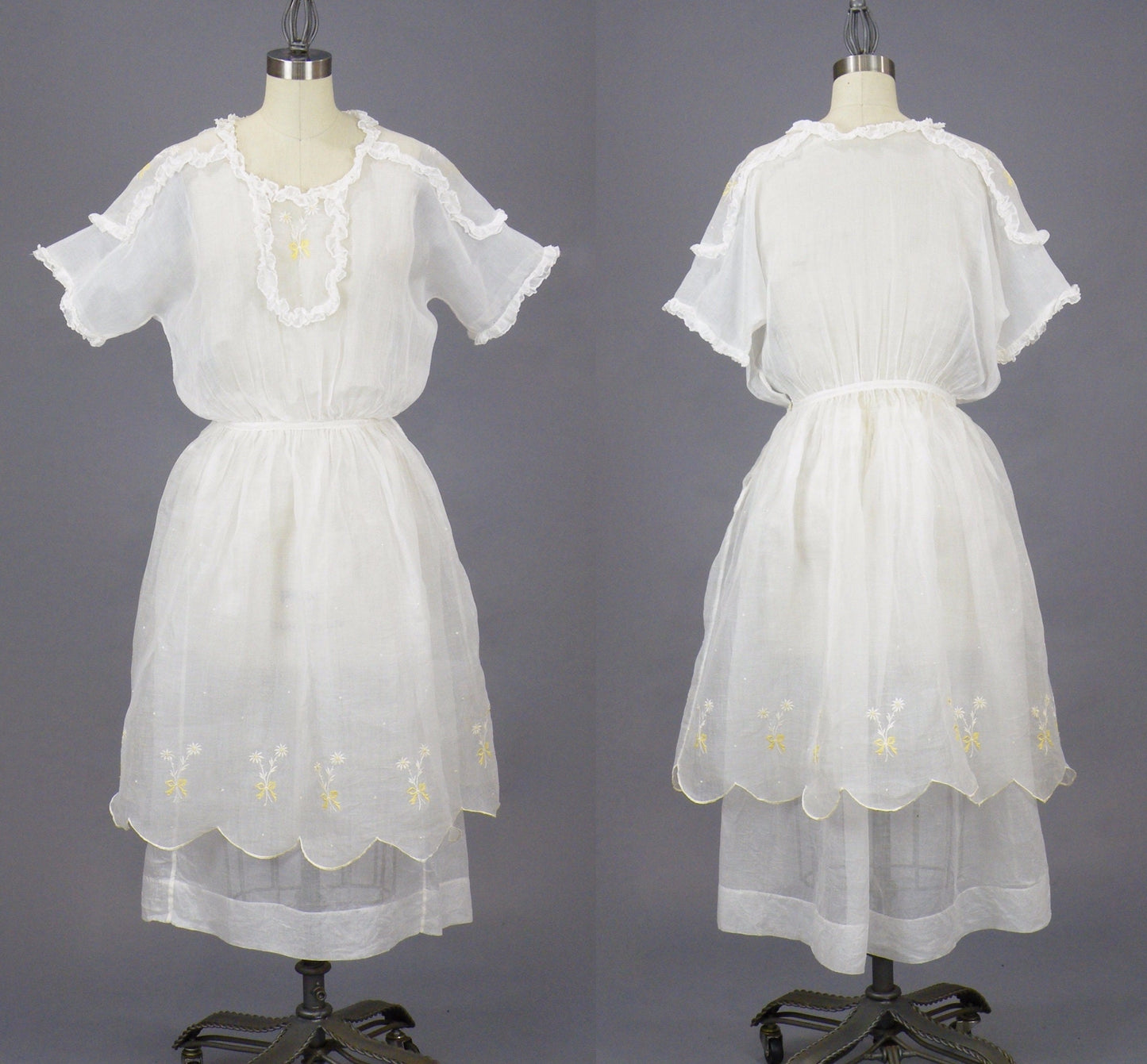 Antique Late 1910s–1920s White Embroidered Organdy Summer Dress, 2-Piece, XS 25" Waist