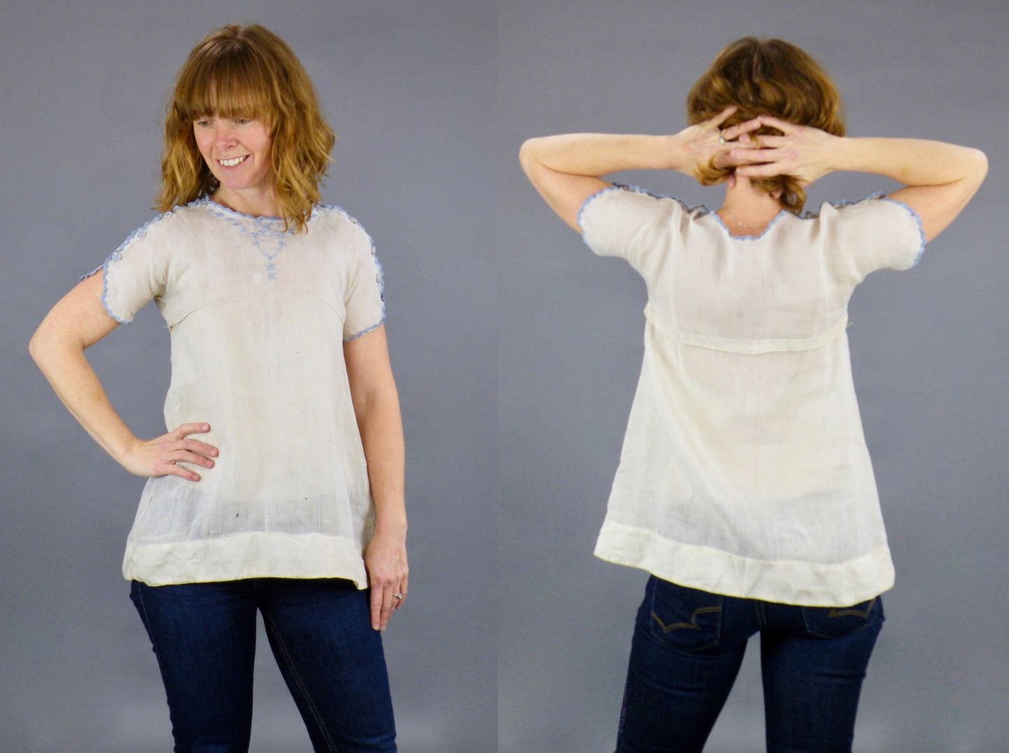 Late 1910s–Early 1920s Embroidered Blouse with Shoulder Button Snaps, XS