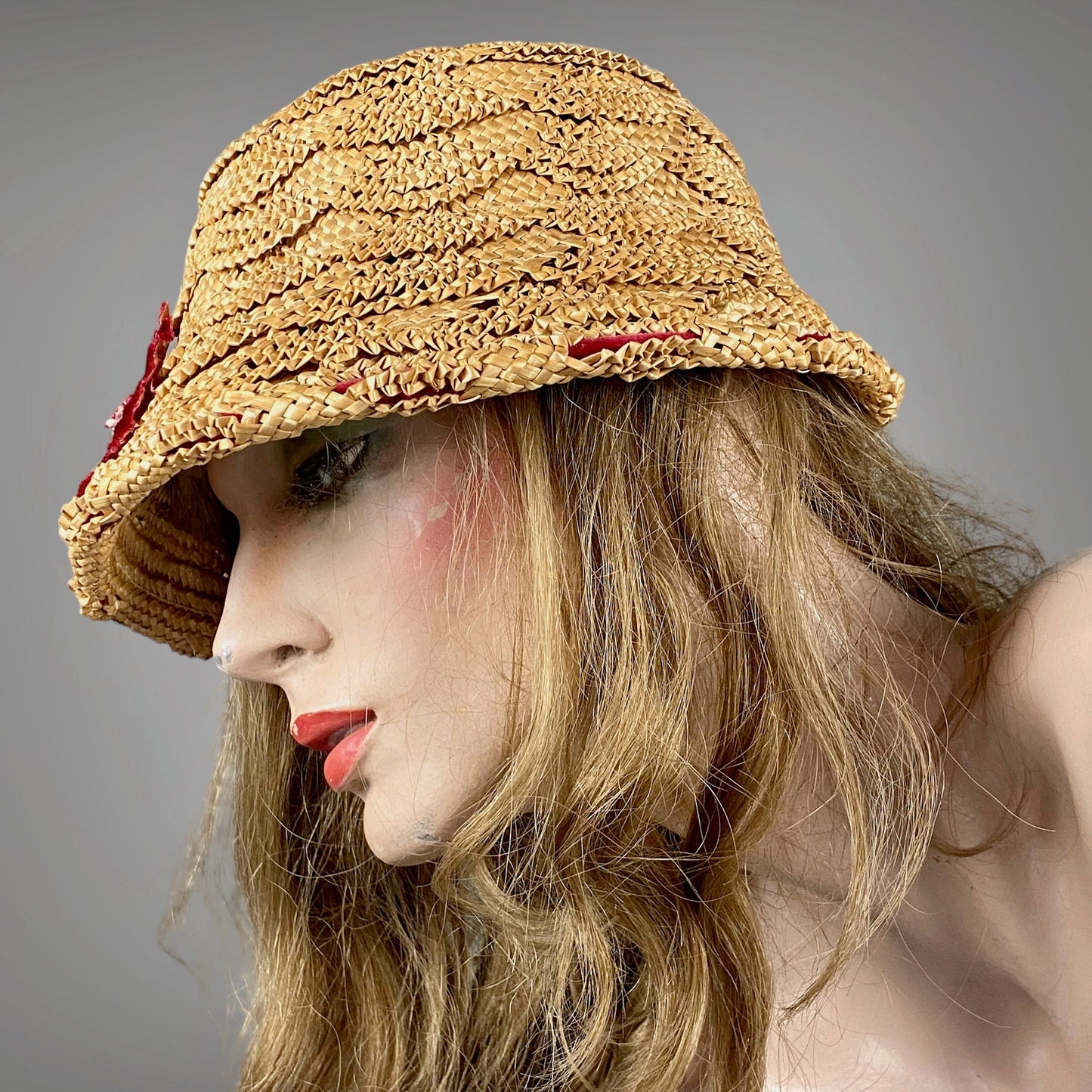 Vintage 1930s Straw Cloche Bucket Hat with Red Velvet Trim