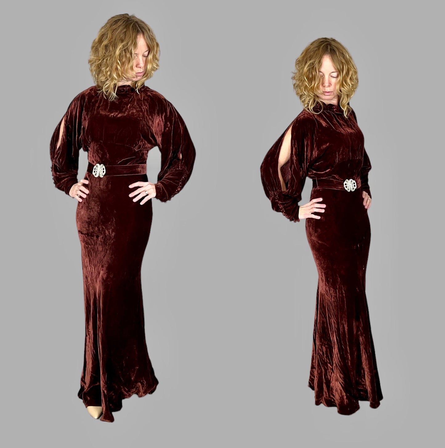 1930s Silk Velvet Dress, Vintage Copper Brown Bias Cut Gown with Cold Shoulders, NRA Label, XS–Small