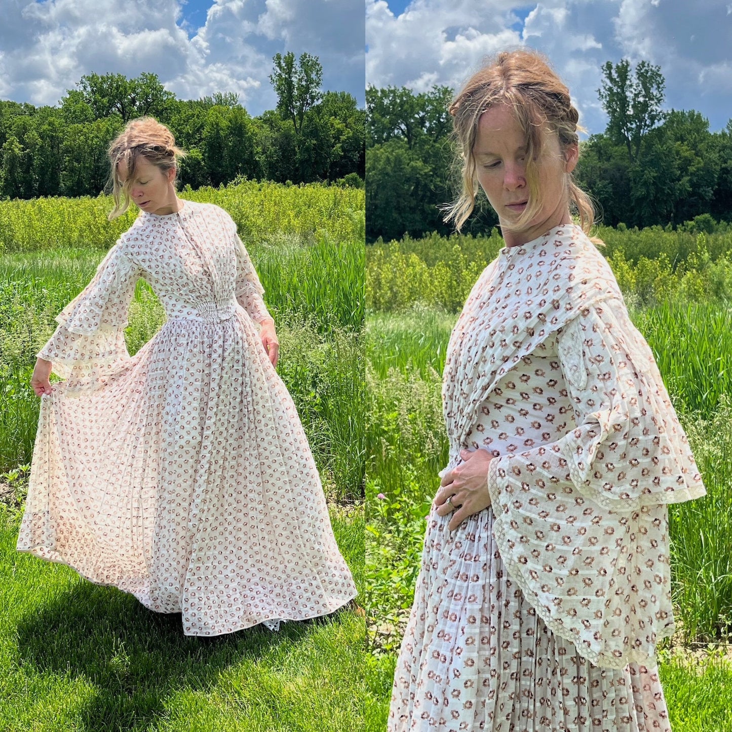 Antique 1850s Victorian Printed Rosebud Cotton Dress with Pagoda Sleeves & Fan Front, XS