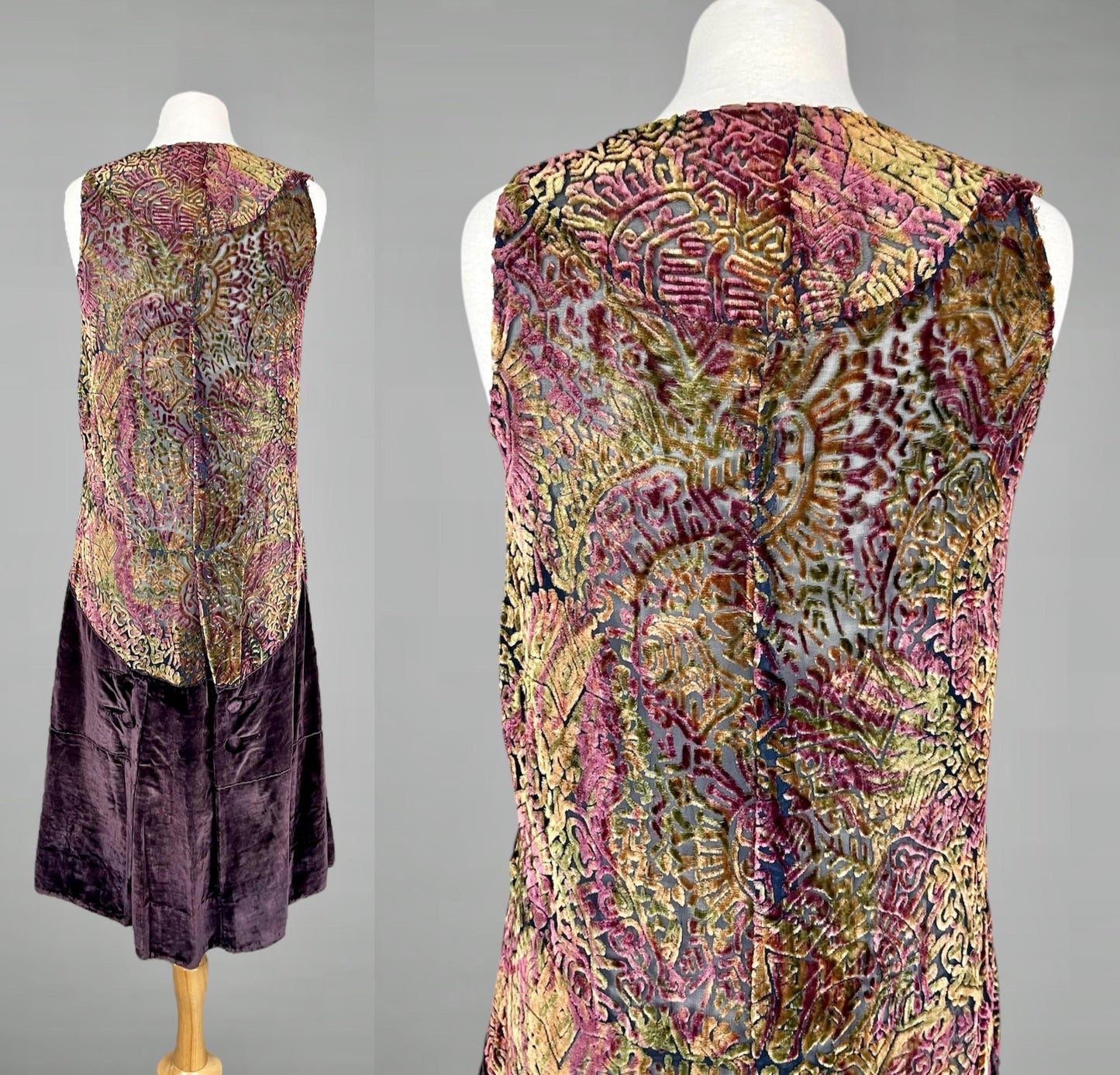 Vintage 1920s Devoré Burnout Silk Velvet Flapper Dress, Plum Gold & Olive, S