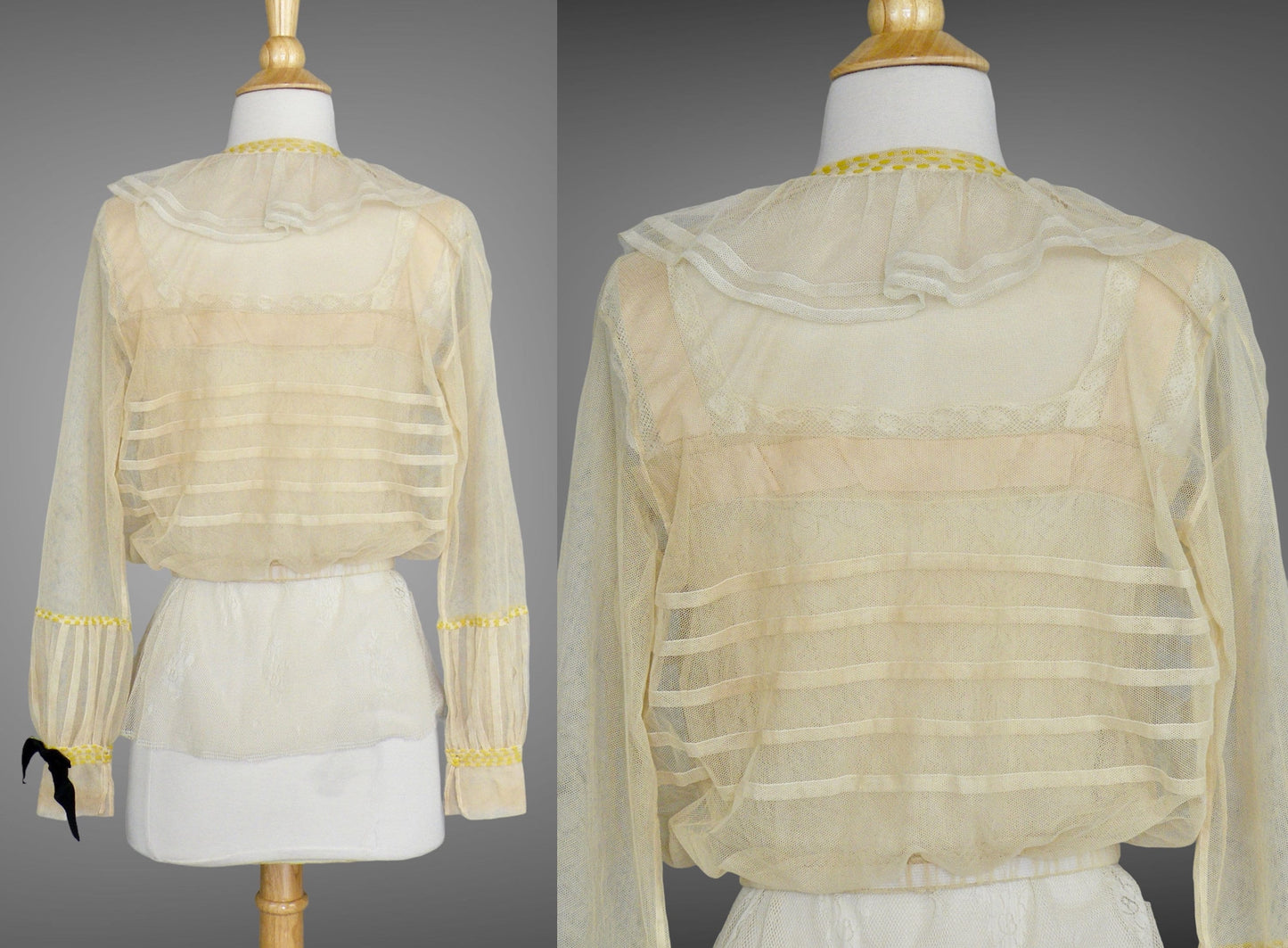 Antique 1900s Edwardian Net Lace Blouse with Yarn Embroidery & Lace Camisole, 36" Bust, S–M