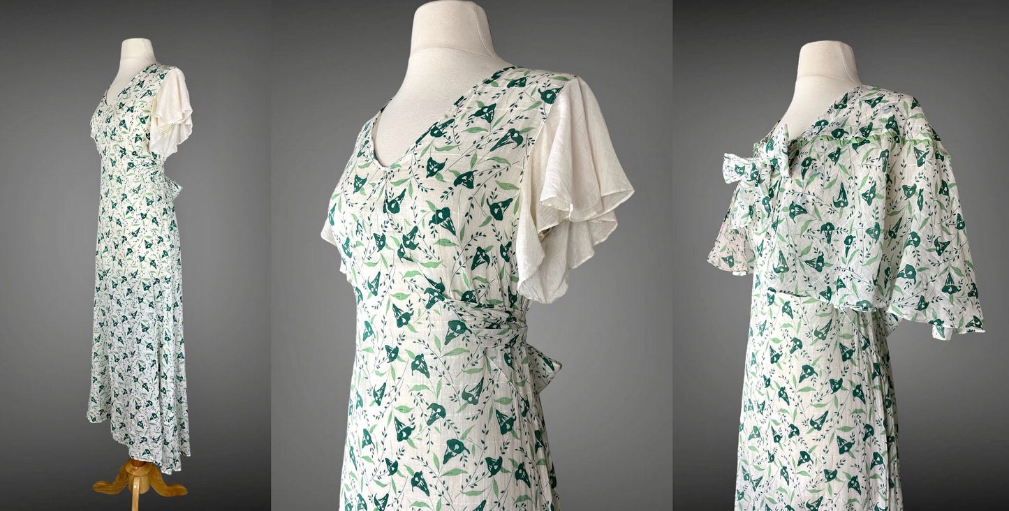 Vintage 1930s Green Floral Bias Cut Flutter Sleeve Dress and Cape, XS