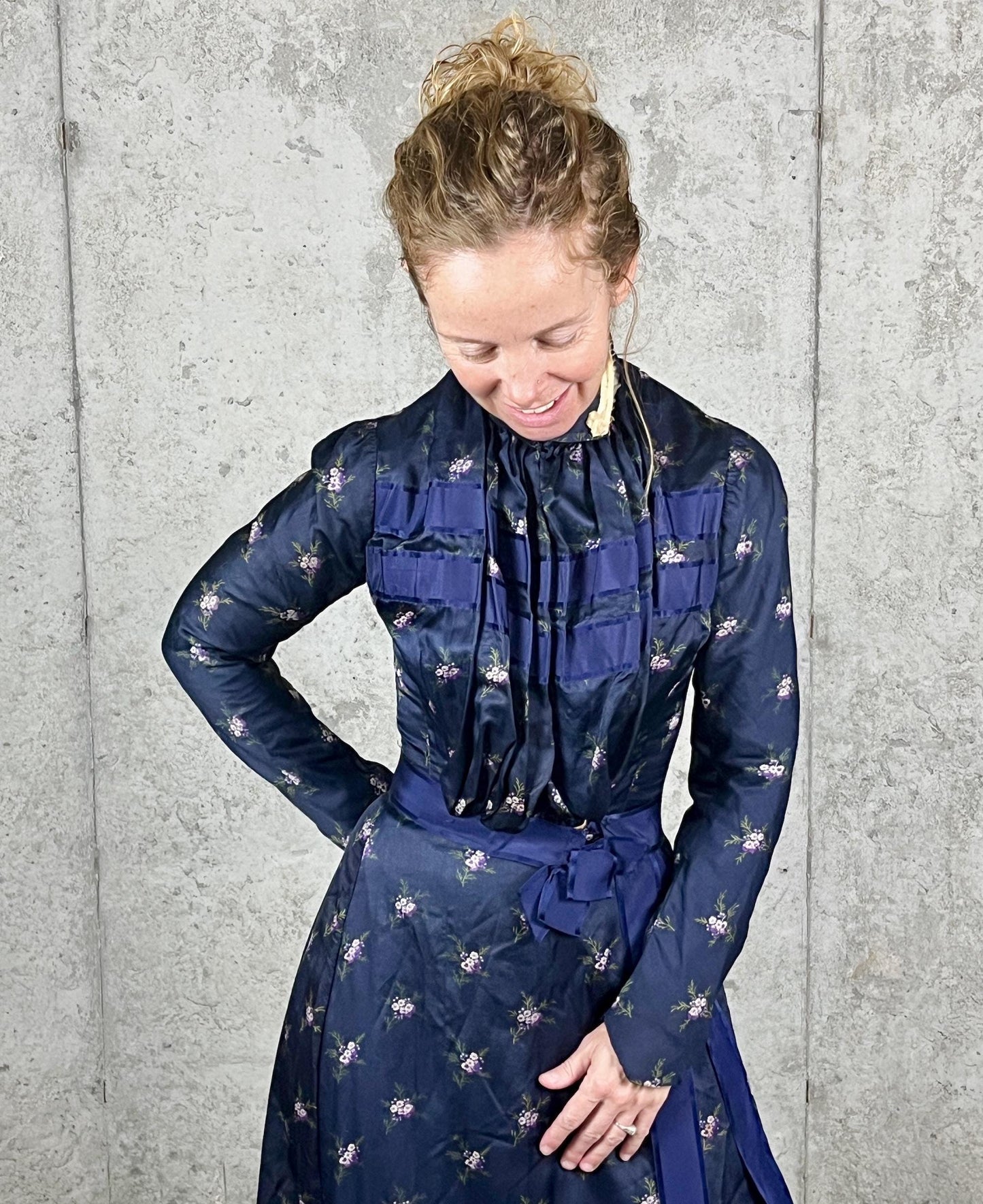 Antique Turn-of-the-Century Floral Silk Gibson Girl Dress Set, Victorian Edwardian Two-Piece, XS