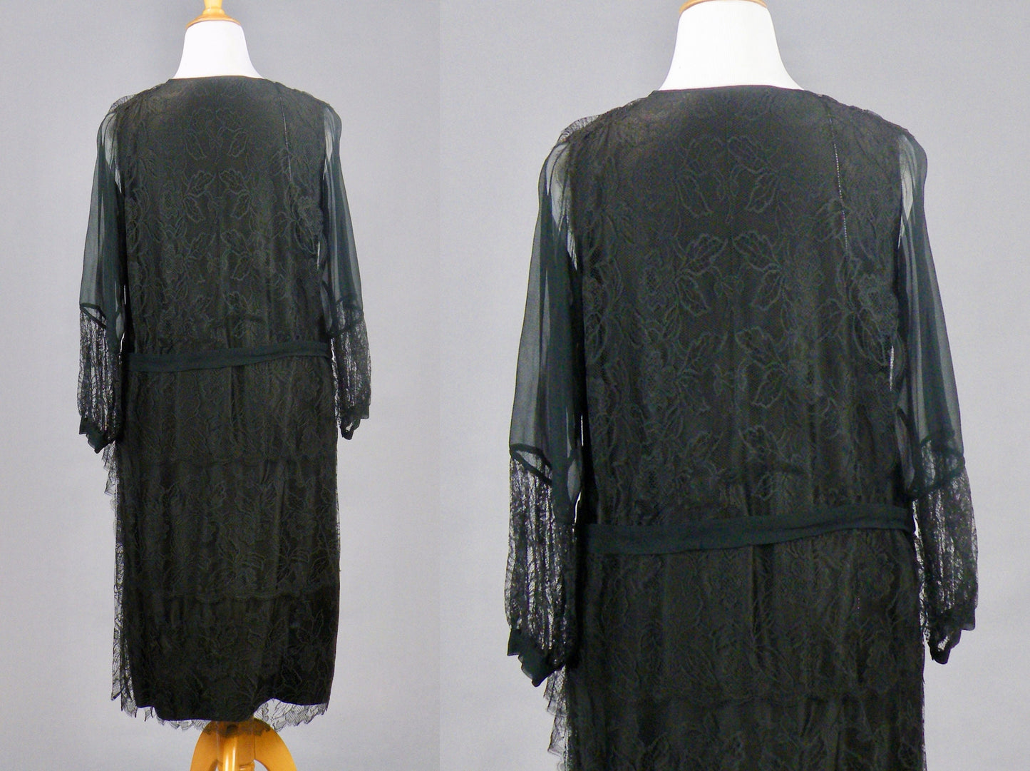 Vintage 1920s Black Silk Lace Dress, Jazz Age 20s Dress, Large