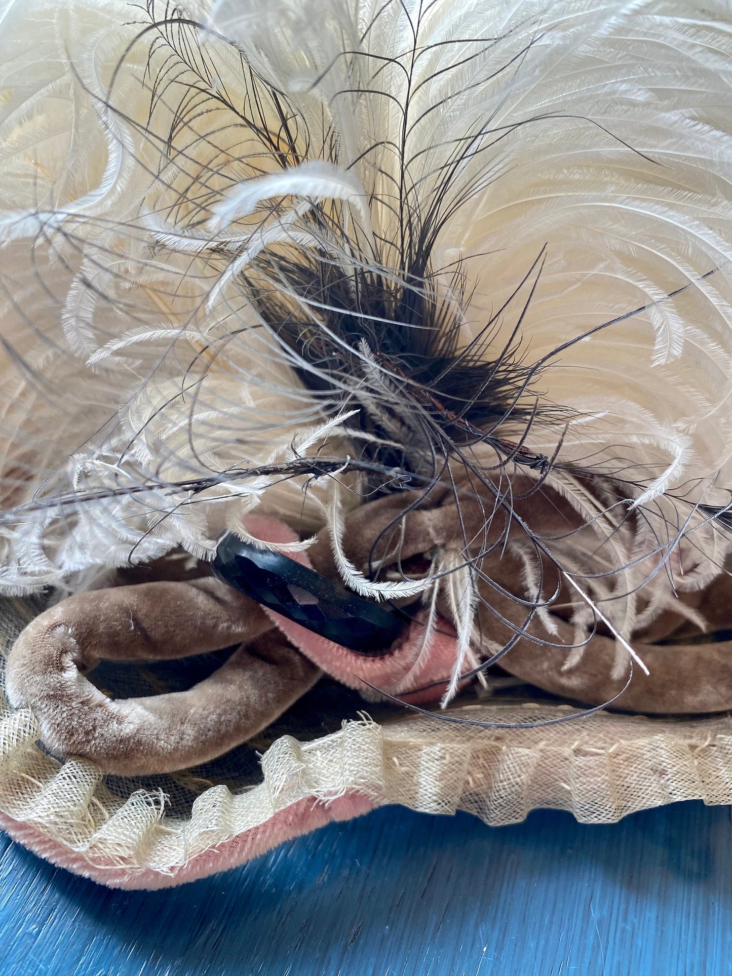 Vintage 1940s Ostrich Feather Fascinator Hat with Sequins & Velvet Trim, 40s Mini Perch Hat