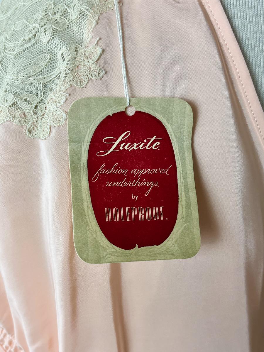 Vintage 1940s Pink Rayon Satin Nightgown, NOS Luxite Holeproof Bias-Cut Slip with Lace Bodice & Bows, M–L