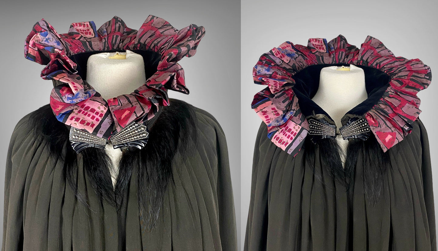 Vintage 1920s Geometric Batik Print Silk Opera Cape with Rhinestone Deco Clasp