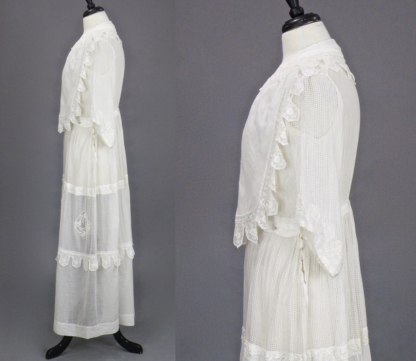 Antique Edwardian 1910s Sheer White Cotton Lingerie Dress with Embroidery, Medium 28" Waist