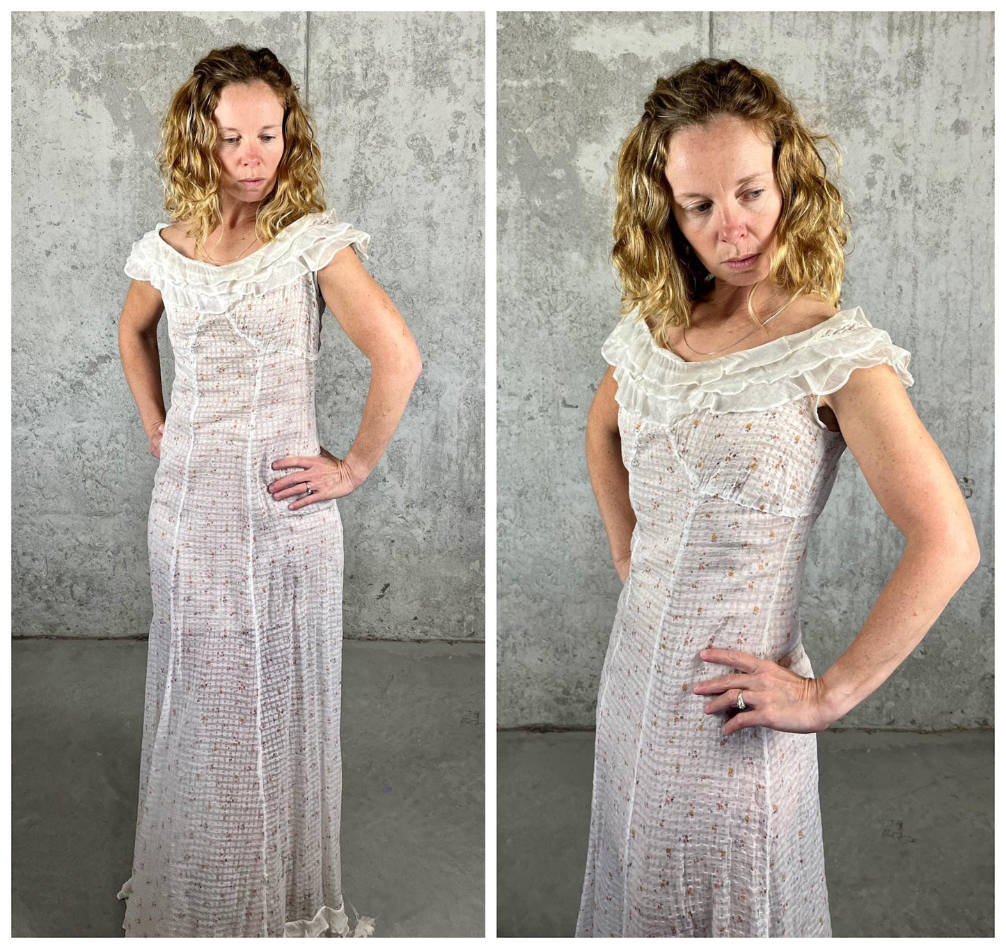 Vintage 1930s Sheer White Cotton Floral Print Bias Cut Dress with Ruffled Collar, XS