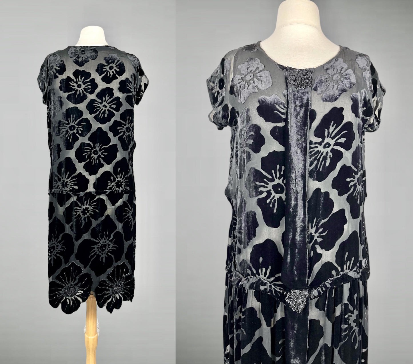 Vintage 1920s Black & Gray Burnout Silk Velvet Flapper Dress with Beaded Floral Motif & Scalloped Hem, S/M - M