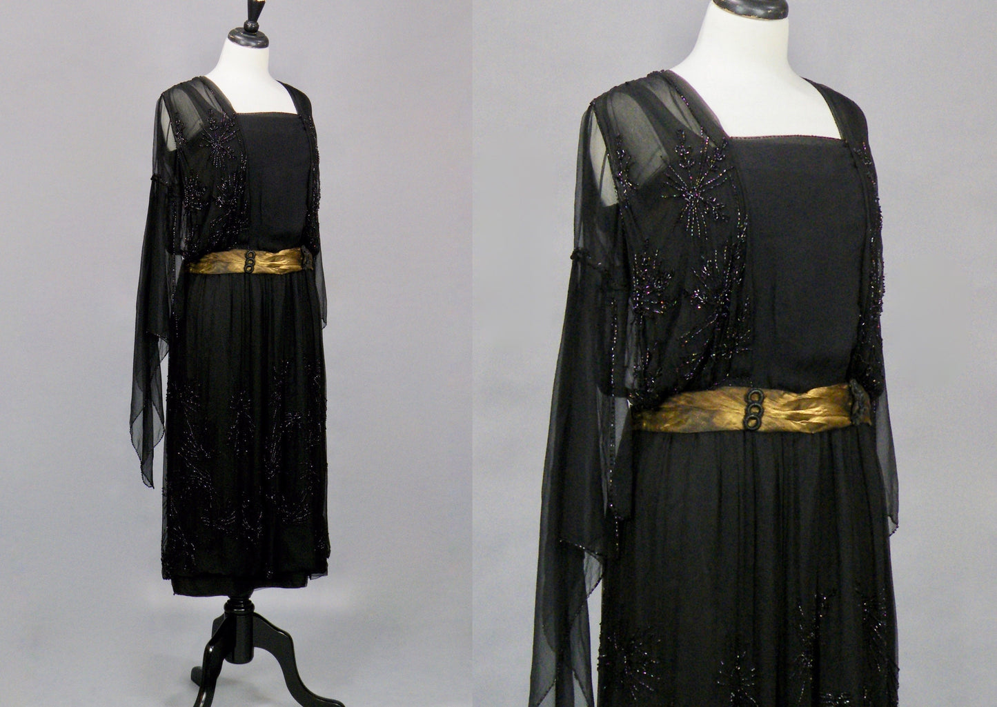 Antique Late 1910s–1920s Beaded Flapper Dress with Angel Wing Sleeves, B. Altman Black & Gold Lamé Jazz Age Gown, S–S/M