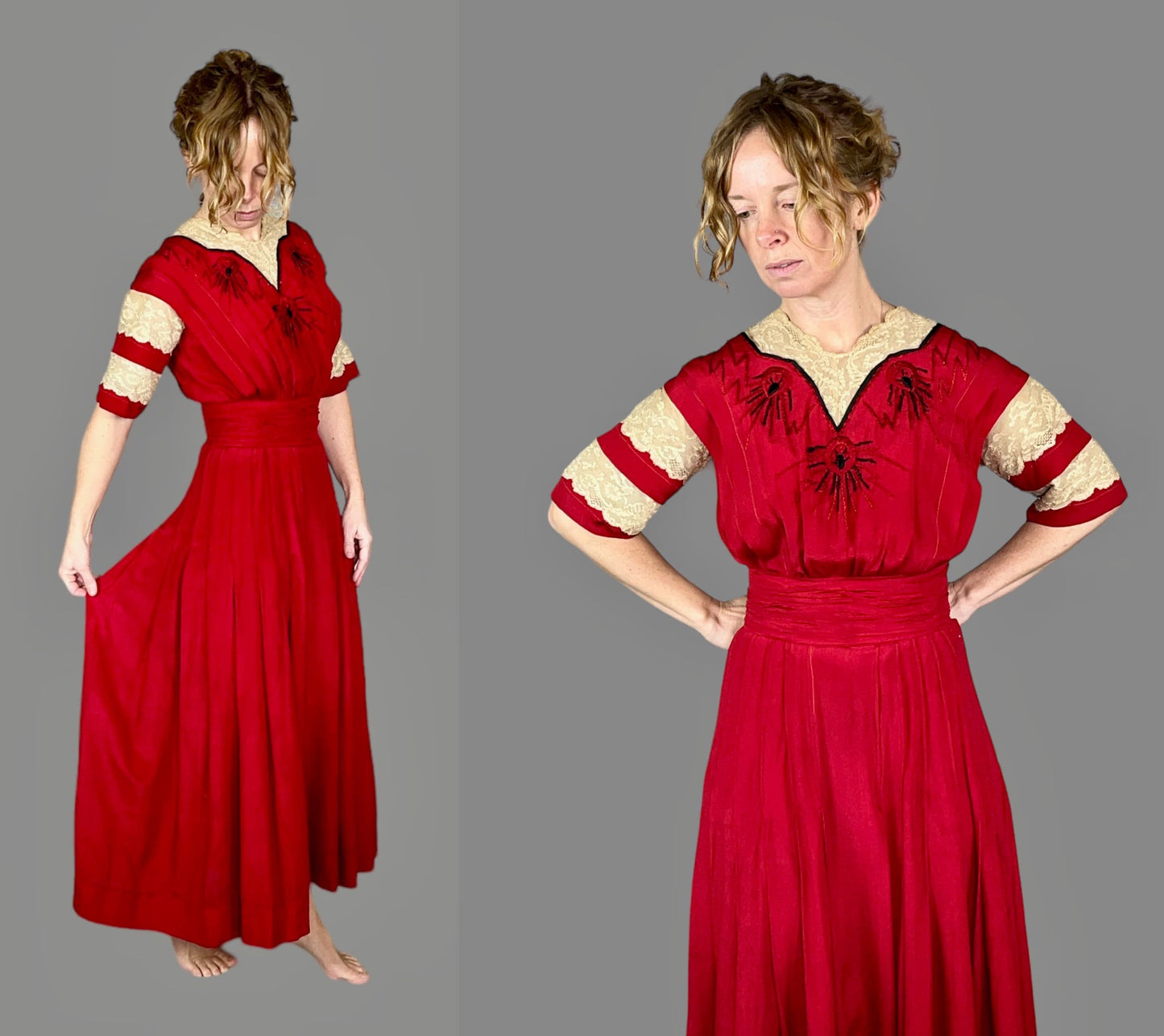 Antique Edwardian 1910s Red Silk Lace Dress, XS