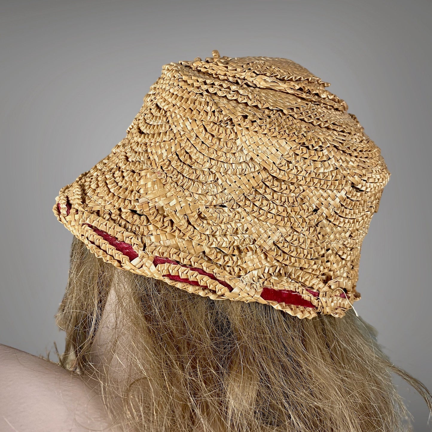Vintage 1930s Straw Cloche Bucket Hat with Red Velvet Trim