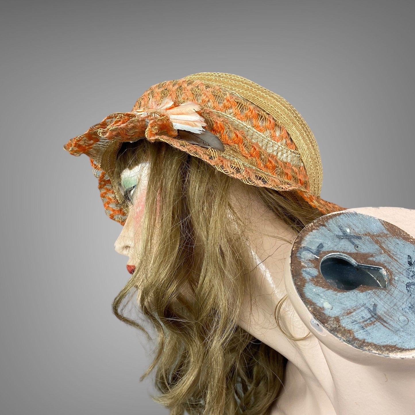 Vintage 1920s Orange Woven Straw and Horsehair Flapper Cloche Hat