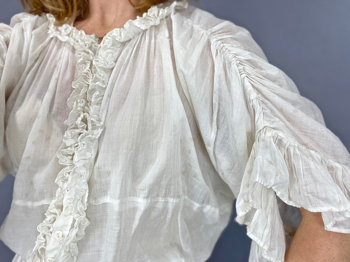 Antique Edwardian 1900s Printed Cotton 2-Piece Dress, Skirt & Tunic Blouse, XXS 23" Waist