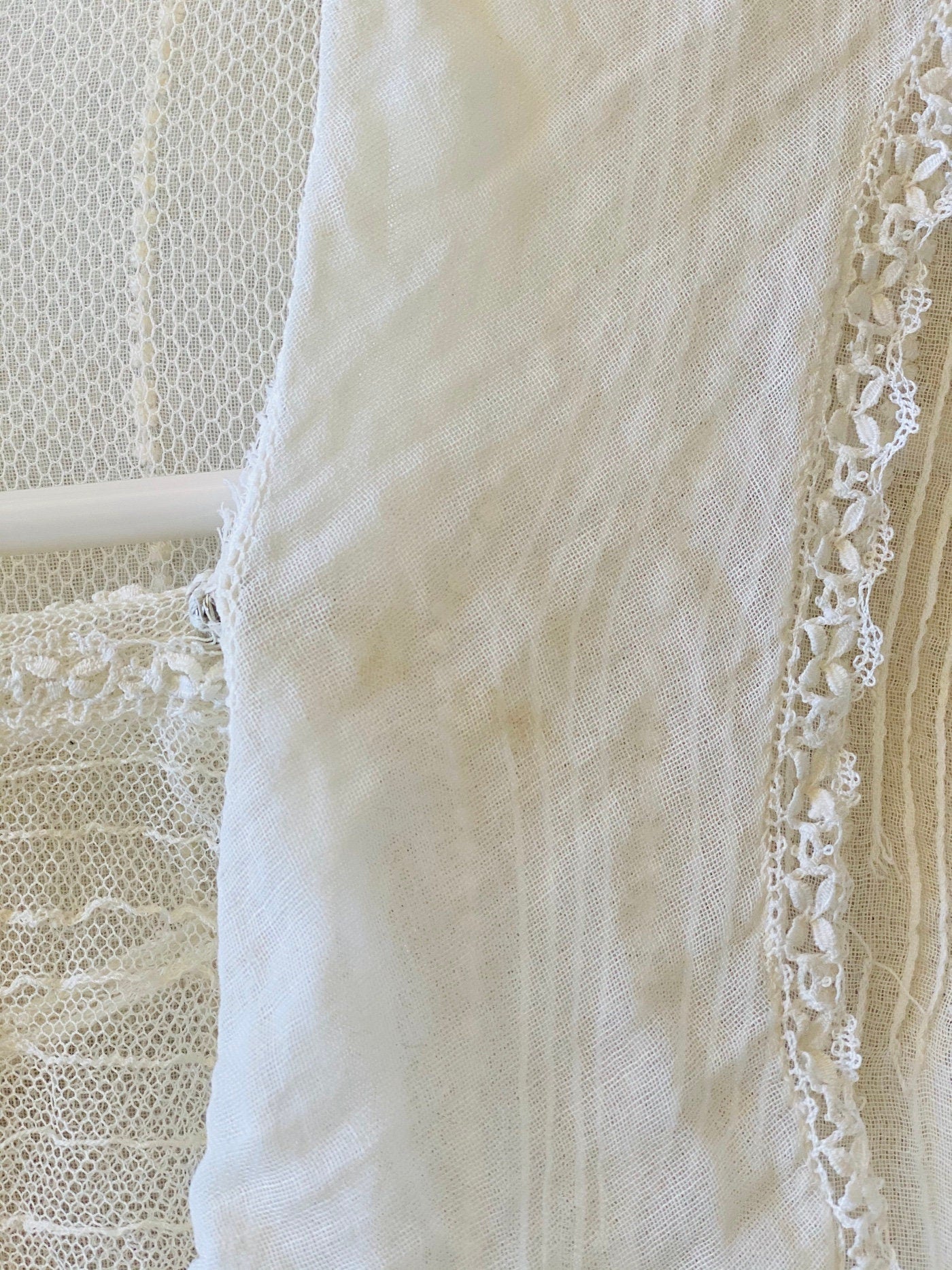 Antique 1900s Edwardian Sheer Cotton Net Day Dress with Bell Sleeves, XS