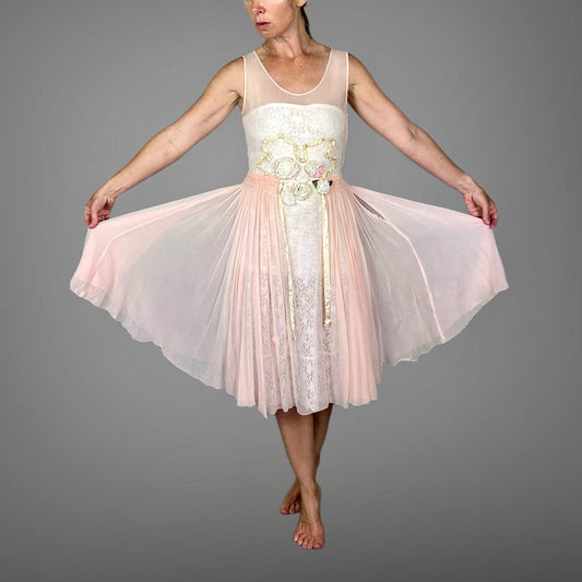 Vintage 1920s Pink Silk Chiffon Lace Ballerina Dress with Velveteen Flowers, XS