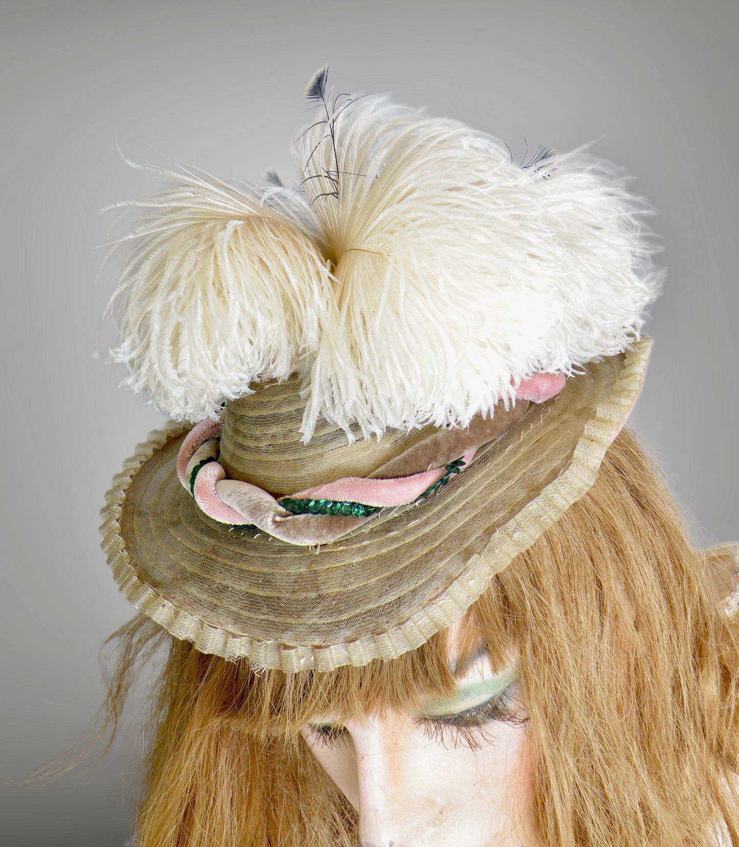 Vintage 1940s Ostrich Feather Fascinator Hat with Sequins & Velvet Trim, 40s Mini Perch Hat