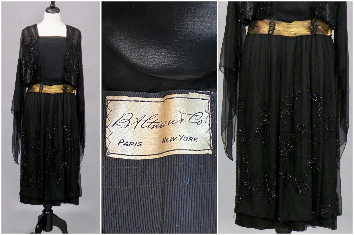 Antique Late 1910s–1920s Beaded Flapper Dress with Angel Wing Sleeves, B. Altman Black & Gold Lamé Jazz Age Gown, S–S/M