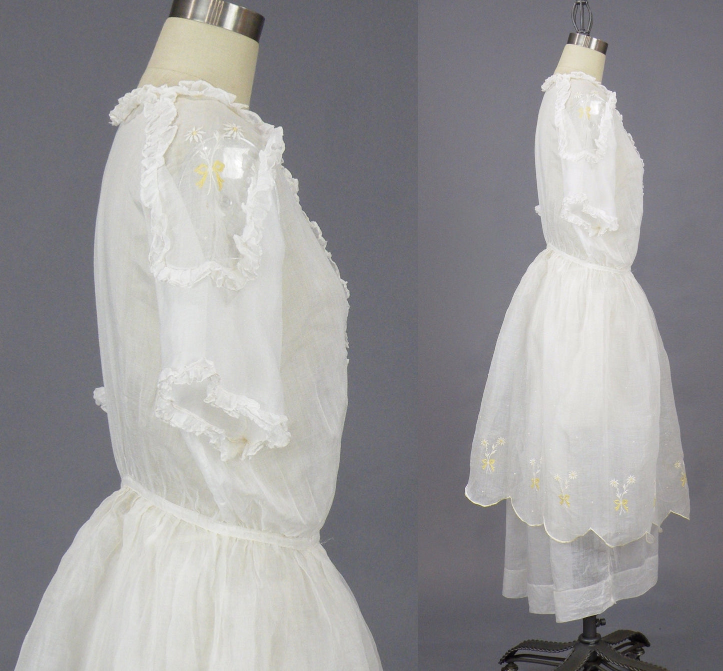 Antique Late 1910s–1920s White Embroidered Organdy Summer Dress, 2-Piece, XS 25" Waist