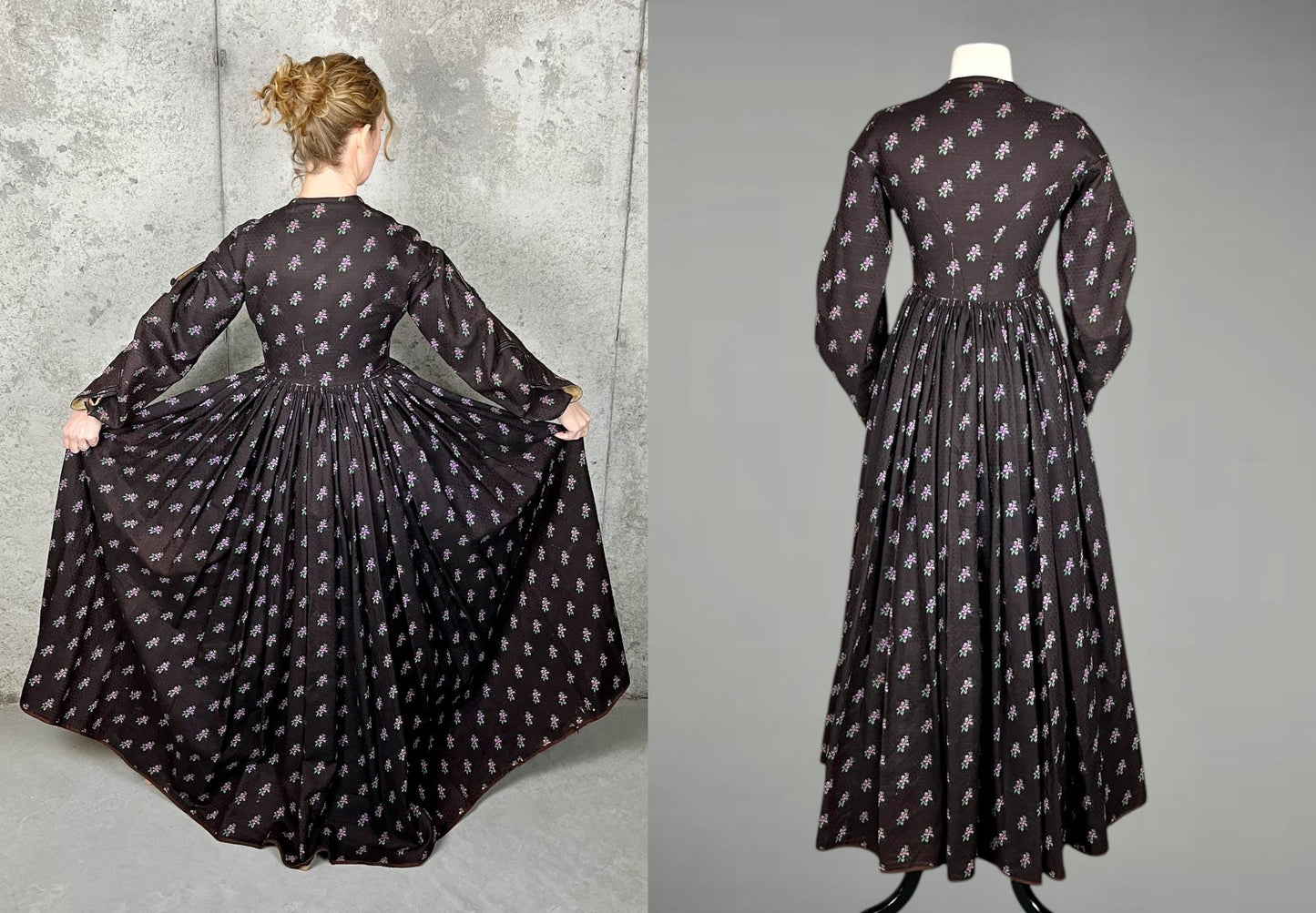 Antique 1850s Victorian Floral Printed Day Dress, 19th Century, XS/S